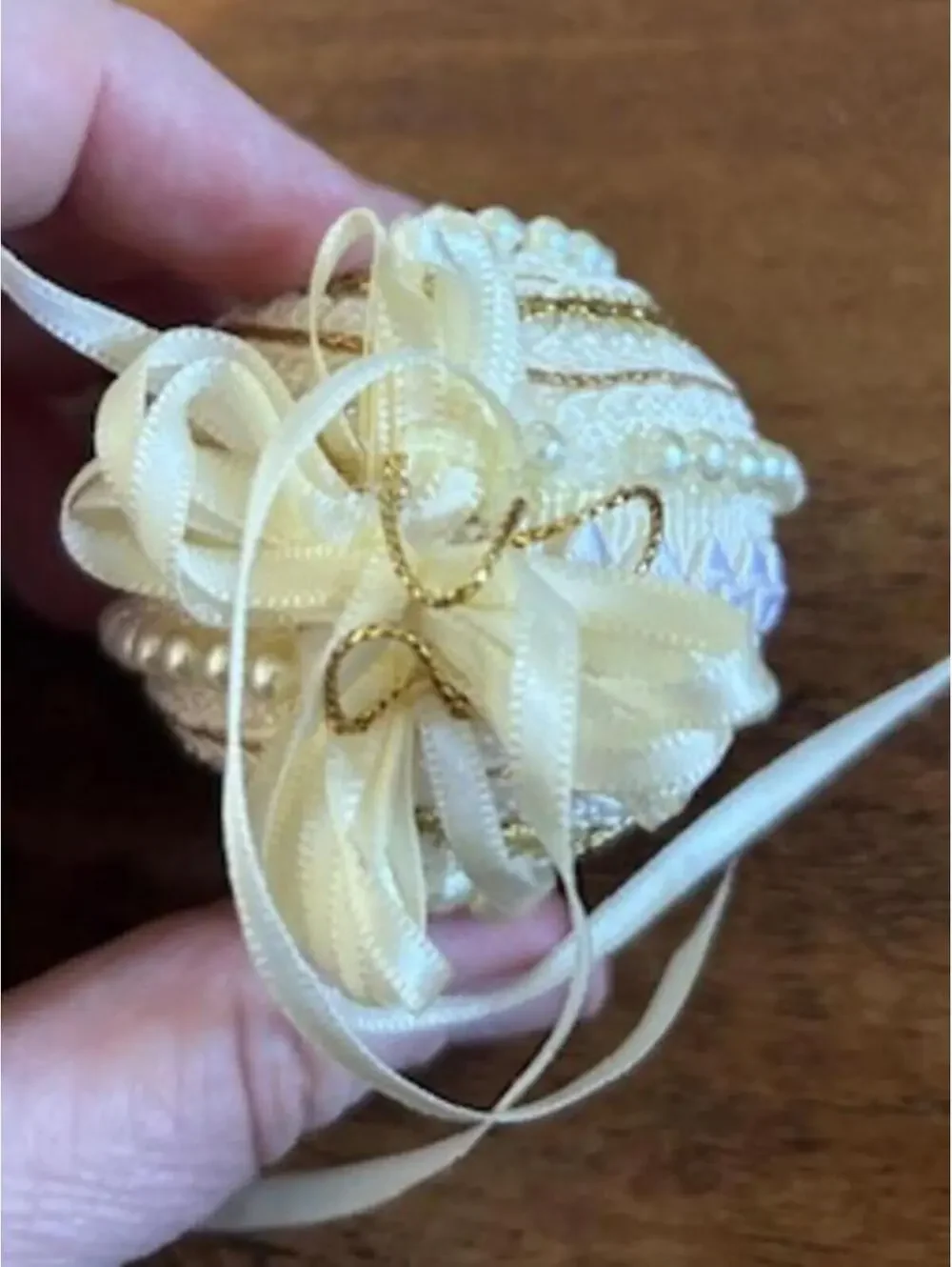 Handmade Decorative Cream and Gold Ornament with Pearls and Ribbon